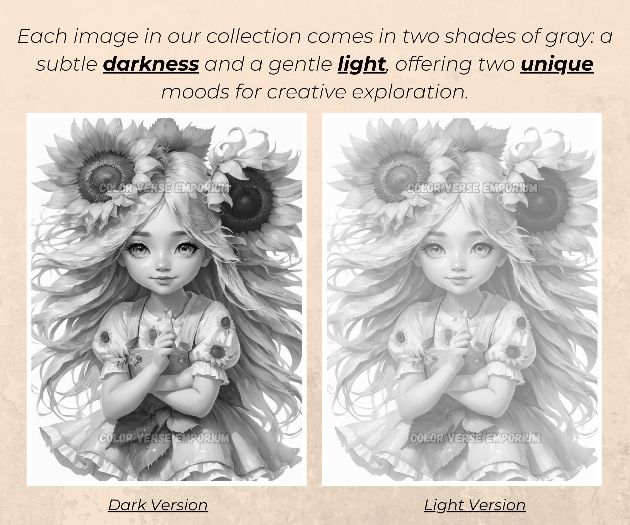Sunflower Girl Coloring Pages: Grayscale Summer Princess (PDF Download ...