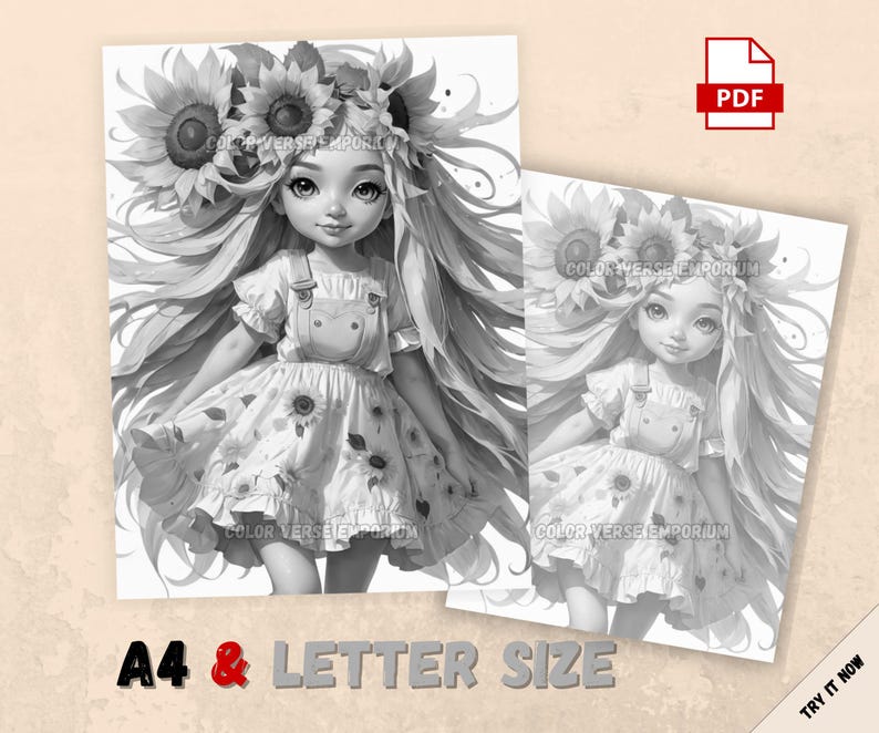 Sunflower Girl Coloring Pages: Grayscale Summer Princess (PDF Download ...