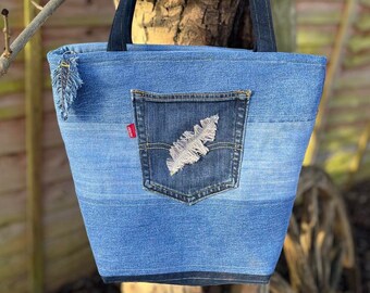 Denim Long Handled Tote Bag, Each item is totally unique made from recycled denim, Eco friendly!