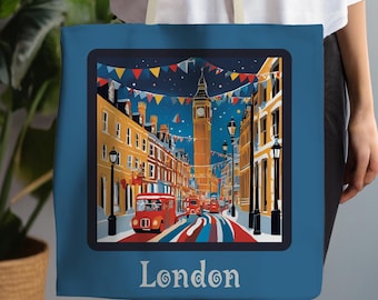 Bolsa de compras navideña de Londres, bolsa de compras de Londres, regalo para los amantes de Londres, bolsa reutilizable, bolsa de compras con paisaje urbano de Londres