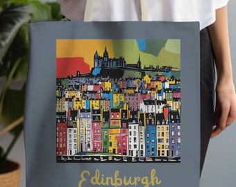 Bolsa de mano con paisaje urbano de Edimburgo: bolsa de compras reutilizable, bolsa de supermercado ecológica, bolsa de mano con gráficos divertidos, regalo de recuerdo de Escocia, bolsa de mano para viajeros