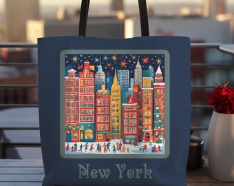 Bolsa de mano con motivo navideño de la ciudad de Nueva York, bolsa de compras navideñas, regalo con escena invernal de Nueva York, bolsa de viaje festiva, bolsa de recuerdo de la Gran Manzana