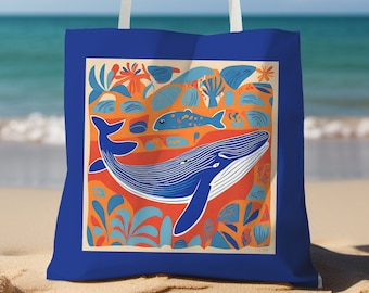 Bolso de ballena, bolso de compras con motivos de criaturas marinas, bolso con animales marinos, regalo para amantes de la naturaleza, bolso de mercado, bolso sostenible, bolso de playa