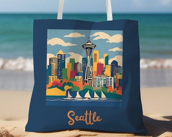 Seattle tote bag, City shopper, Skyline bag, Seattle landmarks tote, Market bag, Reusable, Sustainable beach bag