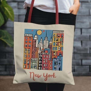 Torba typu tote z motywem krajobrazu Nowego Jorku, wielorazowa torba na zakupy z grafiką, ekologiczna torba z motywem panoramy Nowego Jorku, prezent dla podróżnika, nowoczesna torba miejska