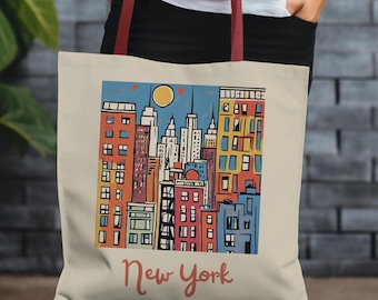 Bolsa de mano con paisaje urbano de Nueva York, bolsa de compras reutilizable con ilustraciones gráficas, bolsa ecológica con el horizonte de la ciudad de Nueva York, regalo para viajeros, bolsa de mano urbana moderna