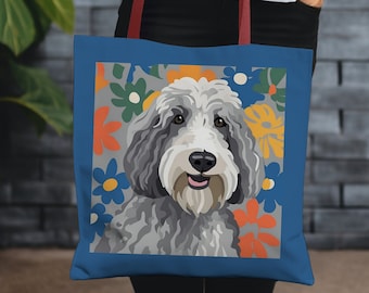 Bolso de mano Sheepadoodle, Regalo para amantes de los perros, Comprador sostenible, Bolso de playa para perros, Bolso artesanal, Bolso de compras del mercado