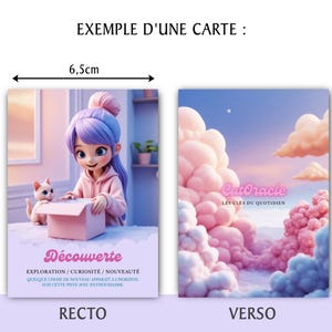 May include: A set of two cards, each measuring 3.5 x 2.5 inches. One card features a cartoon girl with purple hair and a cat, with the word "D&eacute;couverte". The other card has a pink and blue cloudscape with the text "CutOracle".
