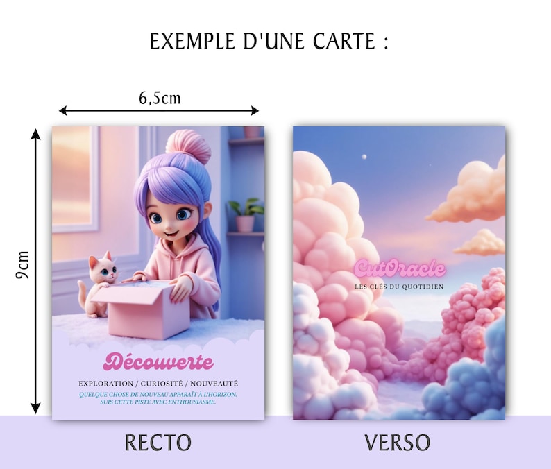 May include: A set of two cards, each measuring 3.5 x 2.5 inches. One card features a cartoon girl with purple hair and a cat, with the word "D&eacute;couverte". The other card has a pink and blue cloudscape with the text "CutOracle".