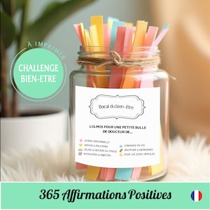 フランス語で書かれた365の肯定的な言葉「ウェルネスチャレンジ」を瓶詰めギフトに、DIY印刷可能、デジタルダウンロード