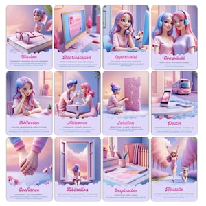 May include: A set of twelve tarot cards with pastel illustrations. Each card features a different scene with a person or people, and a title in French. The cards have a soft, dreamy aesthetic with pink and purple hues.