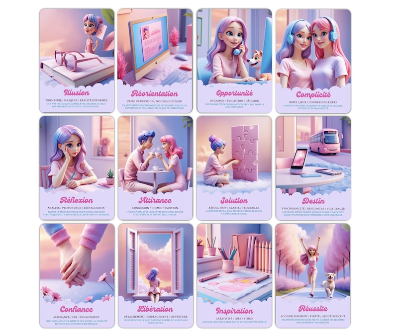 May include: A set of twelve tarot cards with pastel illustrations. Each card features a different scene with a person or people, and a title in French. The cards have a soft, dreamy aesthetic with pink and purple hues.