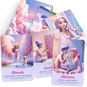 May include: A deck of oracle cards featuring illustrations of people in pastel colors. Each card has a different scene, including a woman running with a dog, and a couple at a table. The cards have French text.