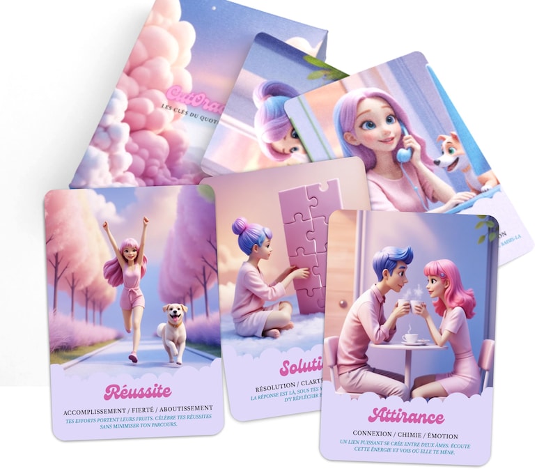 May include: A deck of oracle cards featuring illustrations of people in pastel colors. Each card has a different scene, including a woman running with a dog, and a couple at a table. The cards have French text.