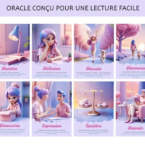 May include: An oracle card set with eight illustrations, each depicting a different theme in soft pastel colors. The cards feature images of people and objects, with French text at the top and individual words at the bottom of each card.