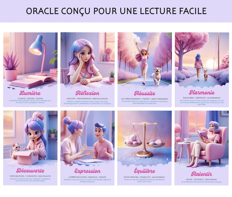 May include: An oracle card set with eight illustrations, each depicting a different theme in soft pastel colors. The cards feature images of people and objects, with French text at the top and individual words at the bottom of each card.
