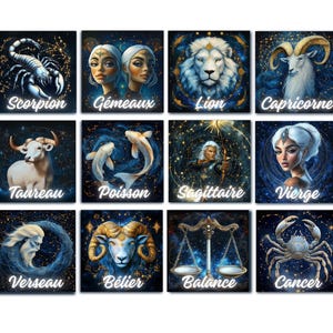 Carte signes du zodiaque format PDF, 12 Cartes astrologiques à télécharger en français, PDF à imprimer
