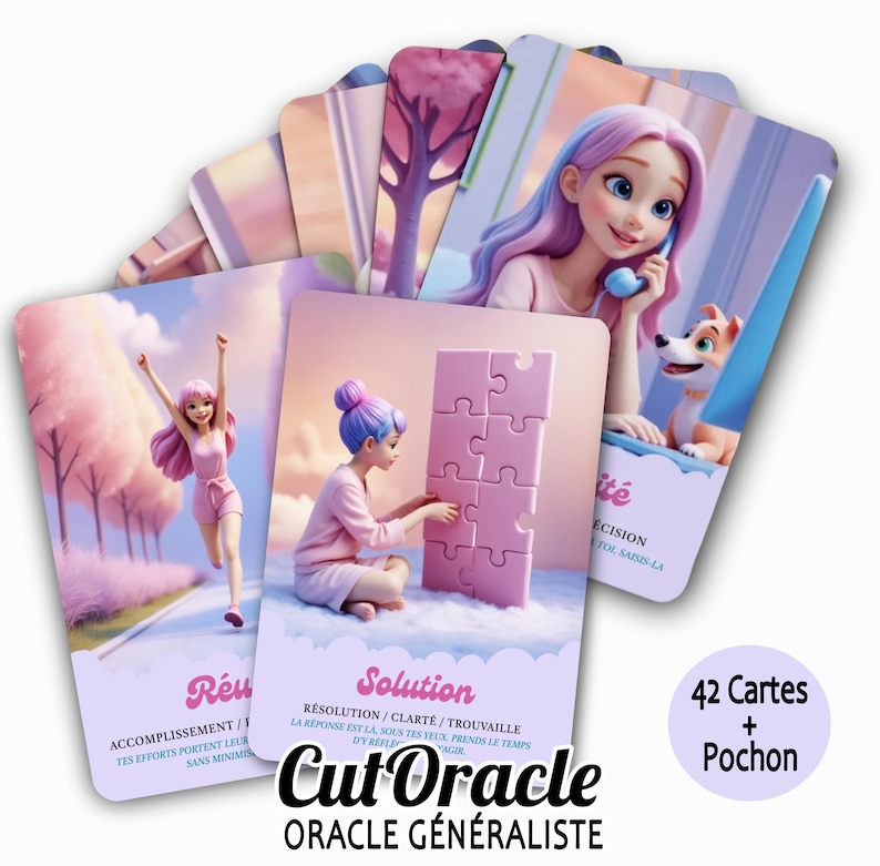 May include: A deck of oracle cards featuring illustrations of women and a dog in pastel colors. The cards have titles like "Solution" and "R&eacute;u" with French text. The deck includes 42 cards and a pouch, with the brand name "Cut Oracle".