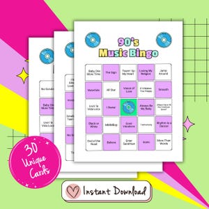 90s Music Bingo Game 30 Cards, 1990s Music Hits Game, 90s Game, 90s Trivia Game, 90s Party Activity, 90s Party Game, Music Bingo, 90s Bingo