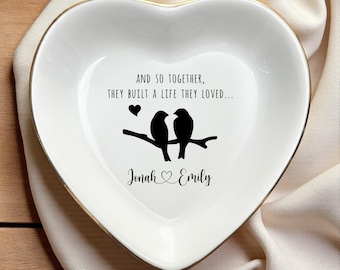 Prato de alianças personalizado com pássaros do amor para casais recém-casados - presente de aniversário de casamento e noivado