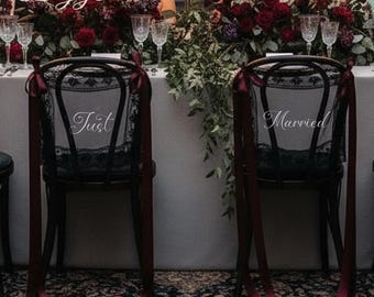 Personalized Sheer Lace Wedding Chair Signs, Just Married table sign
