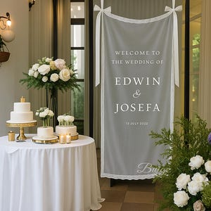 Romantic Sheer Wedding Sign, Linen Wedding Welcome Sign,Modern Outdoor Wedding Banner, Personalized Wedding Decoration,Engagement Party Sign