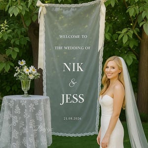 Romantic Sheer Wedding Sign, Linen Wedding Welcome Sign,Modern Outdoor Wedding Banner, Personalized Wedding Decoration,Engagement Party Sign