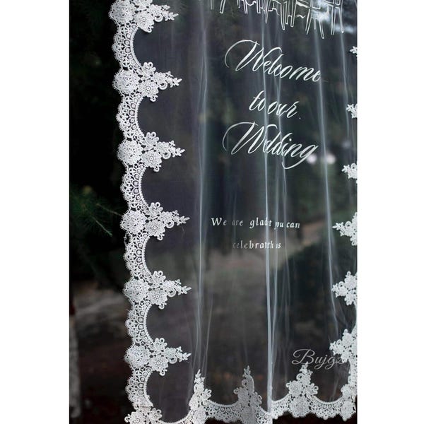 Personalized Sheer Tulle Wedding Welcome Sign: Lace Trim, Modern Romantic Banner