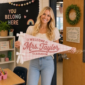 Personalized Teacher Name Pennant, Embroidered Classroom Door Sign, Gingham Wall Banner, Back to School Teacher Appreciation Gift