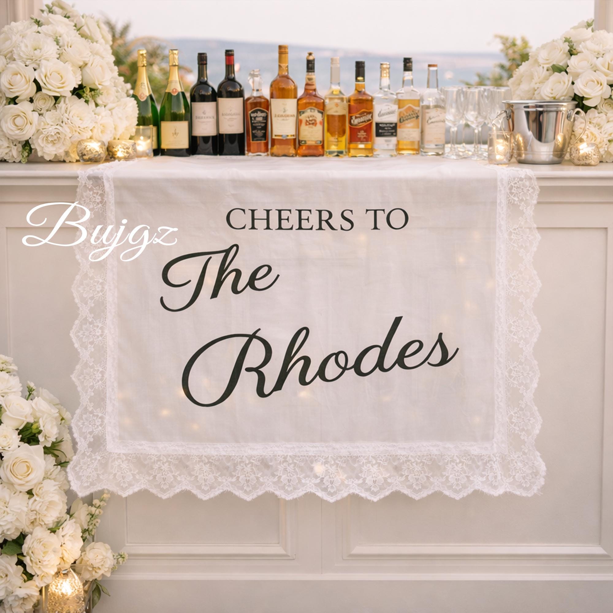 Custom Wedding Bar Sign With Lace Tulle Banner, Personalized Cheers to ...
