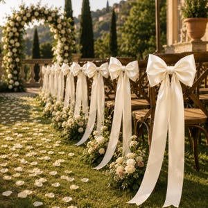 Puede incluir: Una fila de sillas de madera con respaldo en cruz dispuestas para una ceremonia al aire libre, cada una adornada con un gran lazo de cinta de satén color crema atado al respaldo. Arreglos florales blancos se sitúan en la base de cada silla.