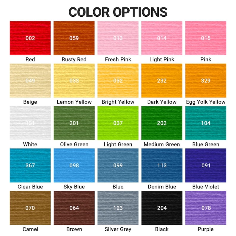 K&ouml;nnte beinhalten: Eine Farbkarte mit verschiedenen Garnfarben. Die Karte enth&auml;lt Farbmuster in Rot, Rosa, Gelb, Gr&uuml;n, Blau, Braun, Grau, Schwarz und Lila. Jede Farbe ist mit einem Namen und einer entsprechenden Nummer versehen.