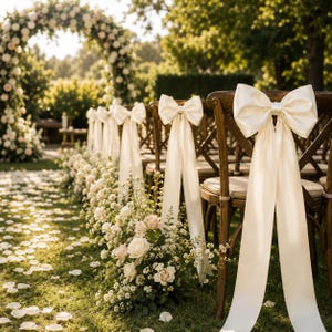 Puede incluir: Una fila de sillas de madera con respaldo cruzado dispuestas para una ceremonia al aire libre, cada una con un gran lazo de satén color crema atado en el respaldo. Las sillas se alinean a lo largo de un pasillo de césped con arreglos florales.