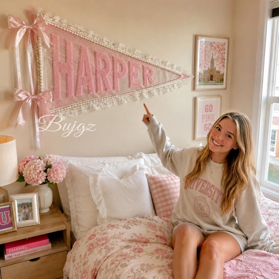 Personalized Embroidered Name Pennant, College Dorm Room Decor, Back to School Gift for Daughter, Girls Bedroom Wall Decor