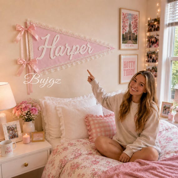 Personalized Embroidered Name Pennant, College Dorm Room Decor, Back to School Gift for Daughter, Girls Bedroom Wall Decor