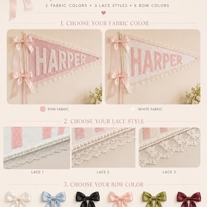 May include: A customizable pennant display featuring the text CUSTOMIZE Your Pennant. It shows two triangular pennants with the name HARPER in pink or white fabric, three distinct lace trim styles, and six satin bow color options: white, sky blue, black, pink, olive green, and wine red.