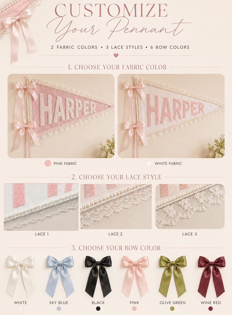 May include: A customizable pennant display featuring the text CUSTOMIZE Your Pennant. It shows two triangular pennants with the name HARPER in pink or white fabric, three distinct lace trim styles, and six satin bow color options: white, sky blue, black, pink, olive green, and wine red.