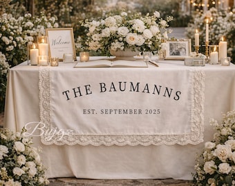 Custom Linen Wedding Welcome Table Banner, Rustic Fabric Sign for Outdoor or Garden Wedding
