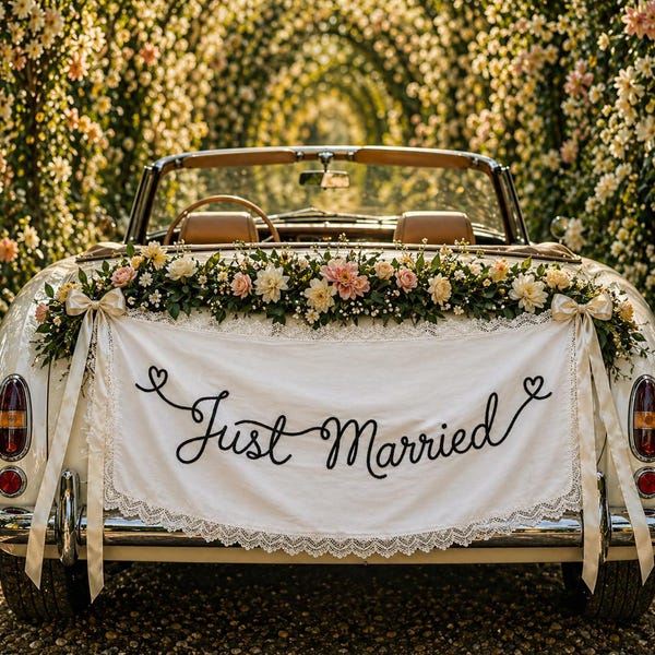 Handgeborduurd kant bruiloft welkomstbord, Just Married welkomstbord, receptiebanner, tuinlinnen bruiloft bord, Sweetheart tafeldecor