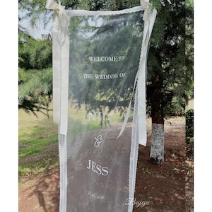 Romantic Sheer Wedding Sign, Linen Wedding Welcome Sign,Modern Outdoor Wedding Banner, Personalized Wedding Decoration,Engagement Party Sign