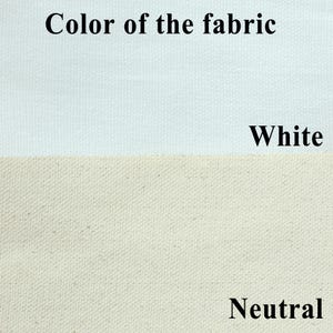 K&ouml;nnte beinhalten: Bild mit zwei Stoffmustern. Das obere Muster ist hellblau, das untere Muster ist neutral, cremefarben. Der Text oben lautet "Farbe des Stoffes". Das Wort "Wei&szlig;" steht unter dem hellblauen Muster, und "Neutral" steht unter dem cremefarbenen Muster.
