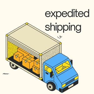 May include: Isometric illustration of a blue delivery truck with a beige cargo area filled with orange boxes. The text "expedited shipping" is above the truck, suggesting fast delivery services.