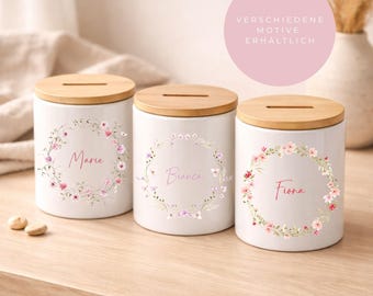 Salvadanaio personalizzato con nome e ghirlanda di fiori | Salvadanaio in ceramica con ghirlanda di fiori | Regalo per nascita o battesimo | Salvadanaio per bambini | Regalo in denaro