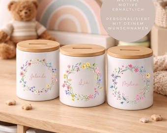 Personalisierte Spardose mit Name | Kinder Spardose | Geschenk zur Geburt | Taufgeschenk | Keramik Spardose Blumenkranz | Geldgeschenk Kind