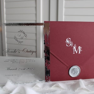 Rustikale Plexiglas-Einladung, Wachssiegel-Hochzeitseinladung mit rotem Umschlag und Gold- und Silberdruckoptionen für Gala und spezielle Einladung