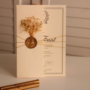 Convite de casamento perfeito, convite de dia especial com estampa de flor de Cipso seca, convite com selo de cera e decoração de corda dourada