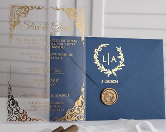 Personalisierte blaue Einladungskarte, elegante Hochzeitseinladung mit Wachssiegel, vergoldete Titeleinladung mit Gold- und Silberoptionen