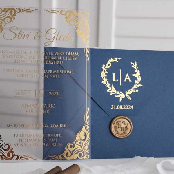 Personalized Blue Invitation Card, Elegant Wedding Invitation with Wax Seal, Gilt Title Invitation with Gold & Silver Options