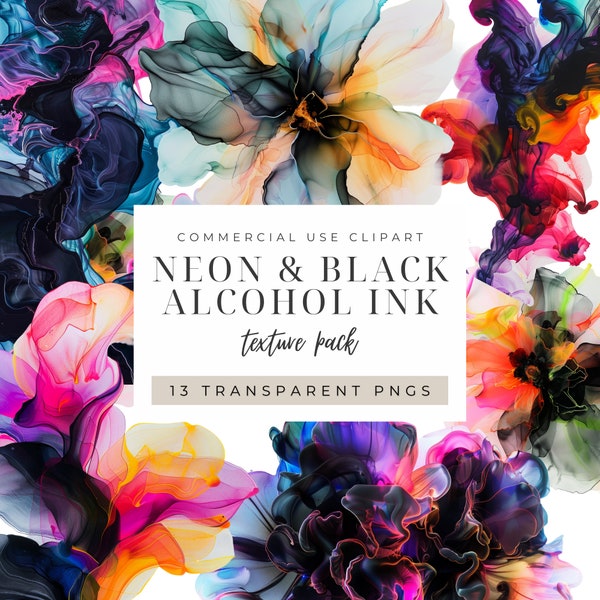 Neon and Black Alcohol Inks Commercial Use Clipart, Dark florals, Bright Yellow, Orange, Green, Purple, Smoke, Backgrounds, Transparent PNGs