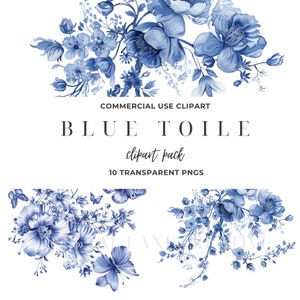 Pacchetto Clipart di toile floreale blu, inviti di nozze, porcellana, Tour De Jouy, scrapbooking, diario spazzatura, PNG trasparenti